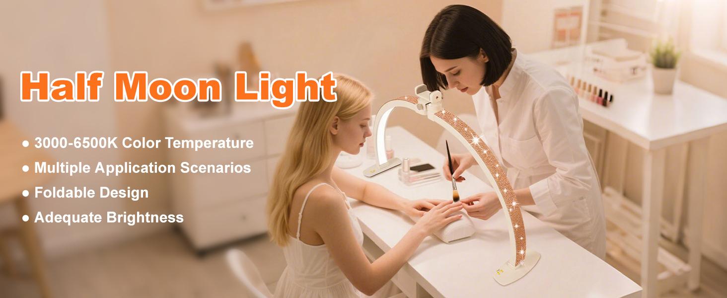Half Moon Light for Nail Desk with Phone Holder, 28IN Folding Half-moon Lamp with Shinning Diamond, Arch Nail Tech Light with 3 Color Modes & 10 Brightness,For Manicure, Eyelash Extension, Tattooing, Skin Management, Color Temperature 3000-6500K