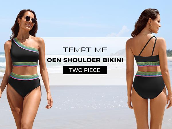 Tempt Me Women High Waisted Bikini Set - One Shoulder Two Piece Swimsuits Color Block Bathing Suits with Swimwear Bottom