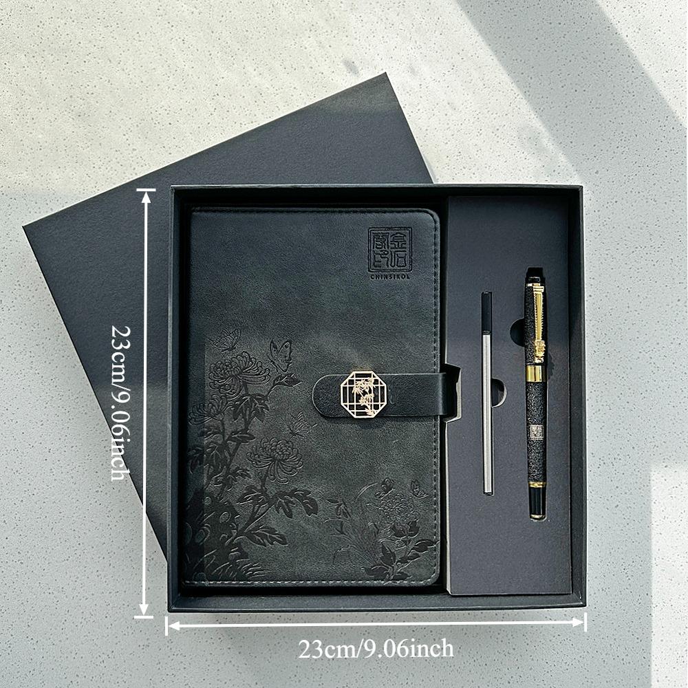 Chinsikol Notebook Journal Gift Set with Metal Signature Pen and Replacement Refills, Elegant Chrysanthemum Print, Perfect for Office and Study