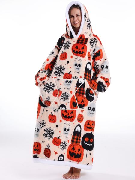 Women's Skull Print Bathrobe, Thick Casual Loungewear with Pockets, Halloween Theme, Fall & Winter, Loose-Fit TV Blanket, Flannel Cozy Blanket
