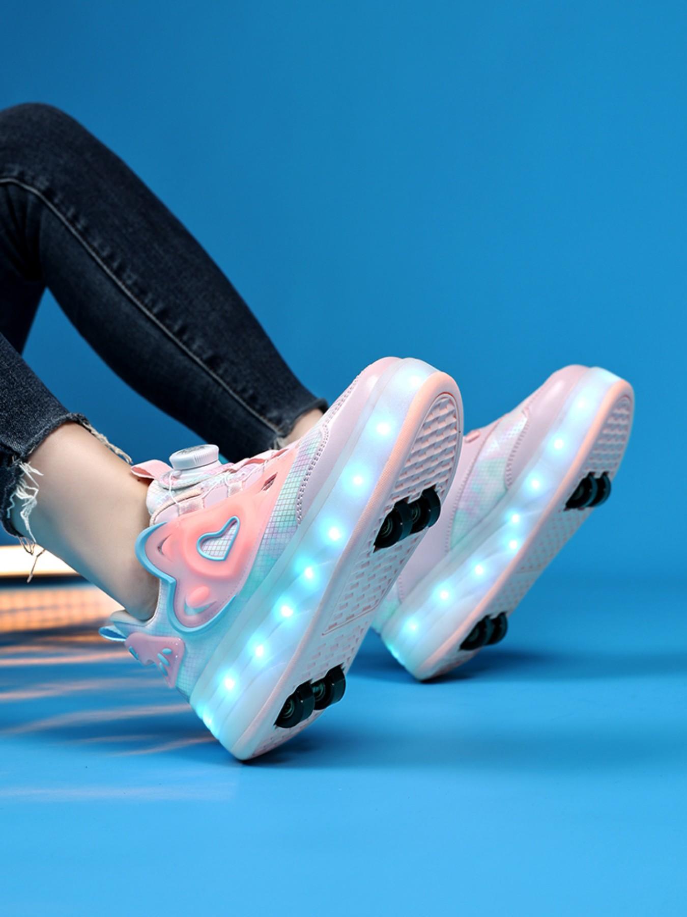 Girls' Walking Shoes with Rotating Buckle, Night Glow Color Changing LED Lights, Waterproof Leather, USB Rechargeable, Detachable Wheels, Trendy Trainers