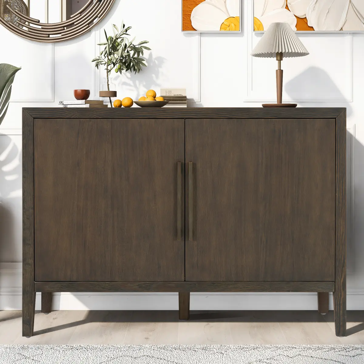 Dark Brown Farmhouse Style Sideboard Buffet Cabinet, Pine Veneer MDF Storage Cabinet with Double Hidden‑Storage Doors, Sturdy Metal Handles Adjustable Pine Feet High Load‑Capacity Cupboard for Kitchen Entryway Small Apartment