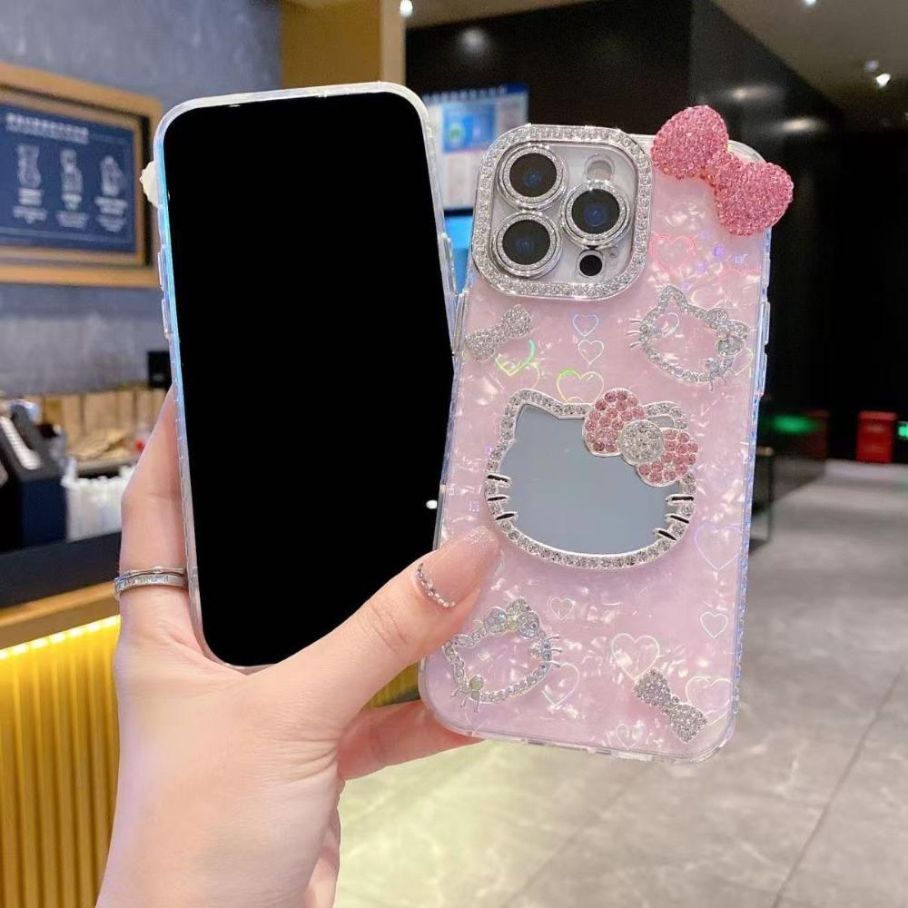Trendy Cute Shell Pattern Sparkling Cat Mirror Phone Case For iPhone 17 16 15 14 13 12 Pro Max Plus Fashion Protective Cover