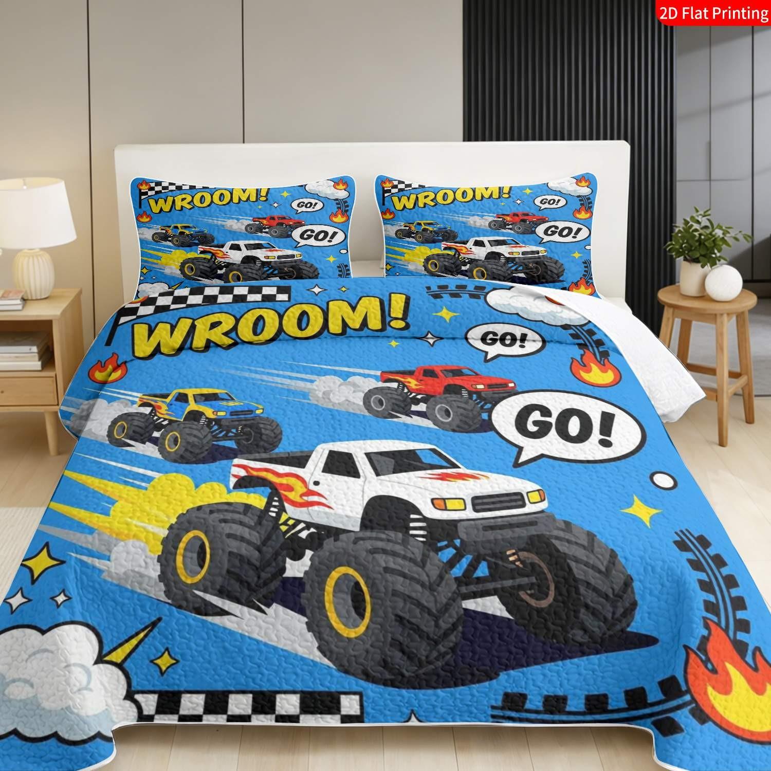 TikTok Made Me Buy It! Boys' Favorite Monster Truck Bedding 3Pcs Set | 1 Bedspread & 2Pillowcases, Racing Car Theme, Perfect Gift for Kids