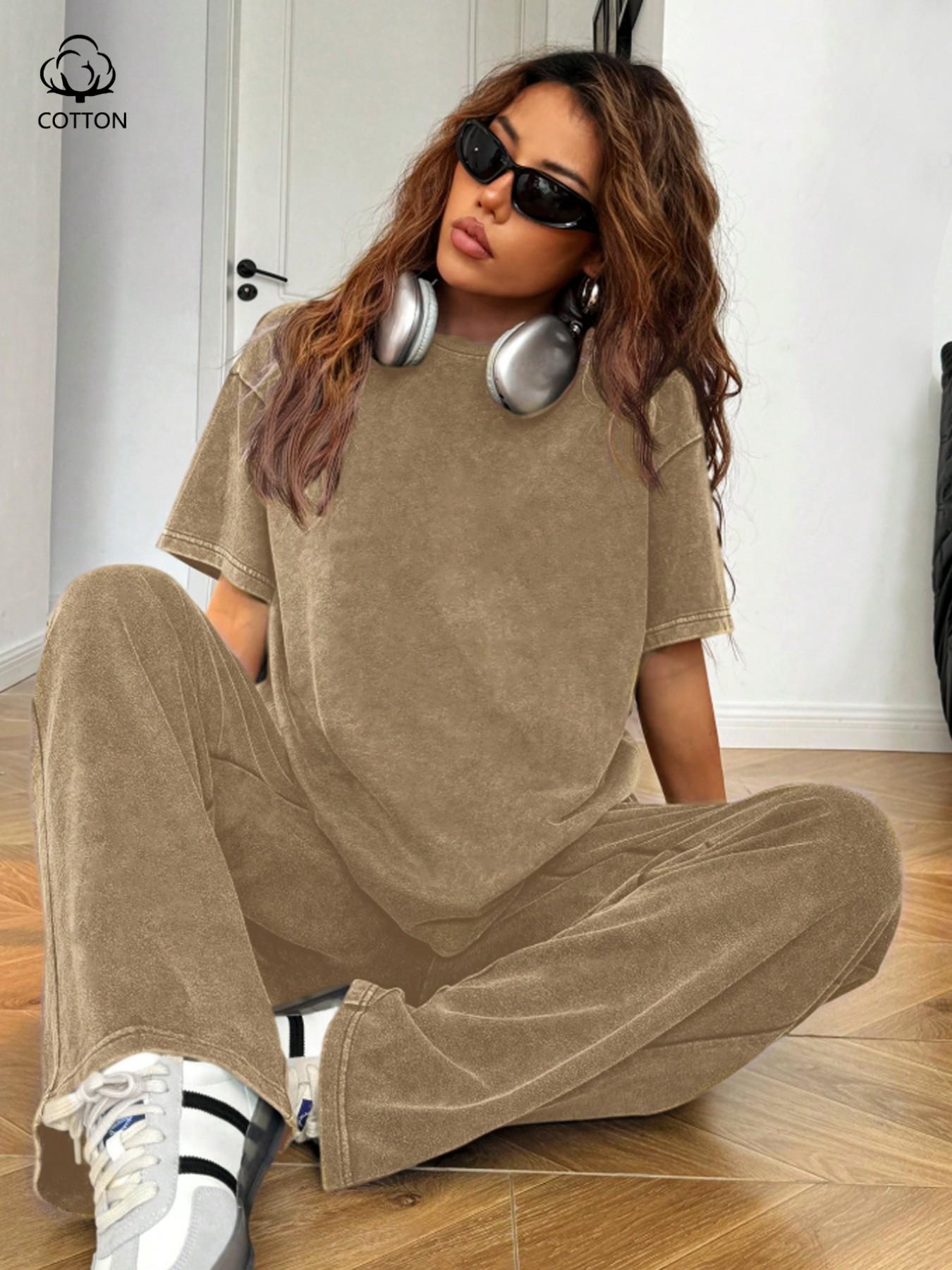 Women's Casual Everyday Acid-Wash Vintage Street-Style Soft Cotton Two-Piece Set, Loose-Fit Round-Neck Short-Sleeve T-Shirt and Wide-Leg Pants Women's Casual Everyday Acid-Wash Vintage Street-Style Soft Cotton Two-Piece Set, Loose-Fit Round-Neck Short-Sleeve T-Shirt and Wide-Leg Pants