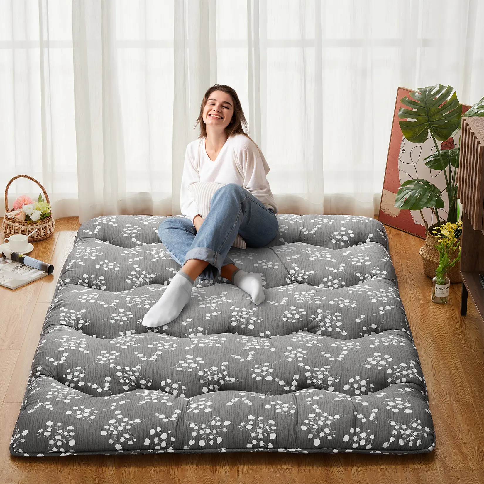 Garvee Japanese Collapsible Futon Mattress - Twin/Full Size, 4" Thick High-Density Foam Floorbed, Right Angle Wave Design, Brick Red