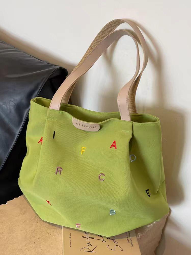 Women's Large Capacity Canvas Tote Bag, Trendy Embroidered Letter Shoulder Bag, Fresh Style Handbag for Students