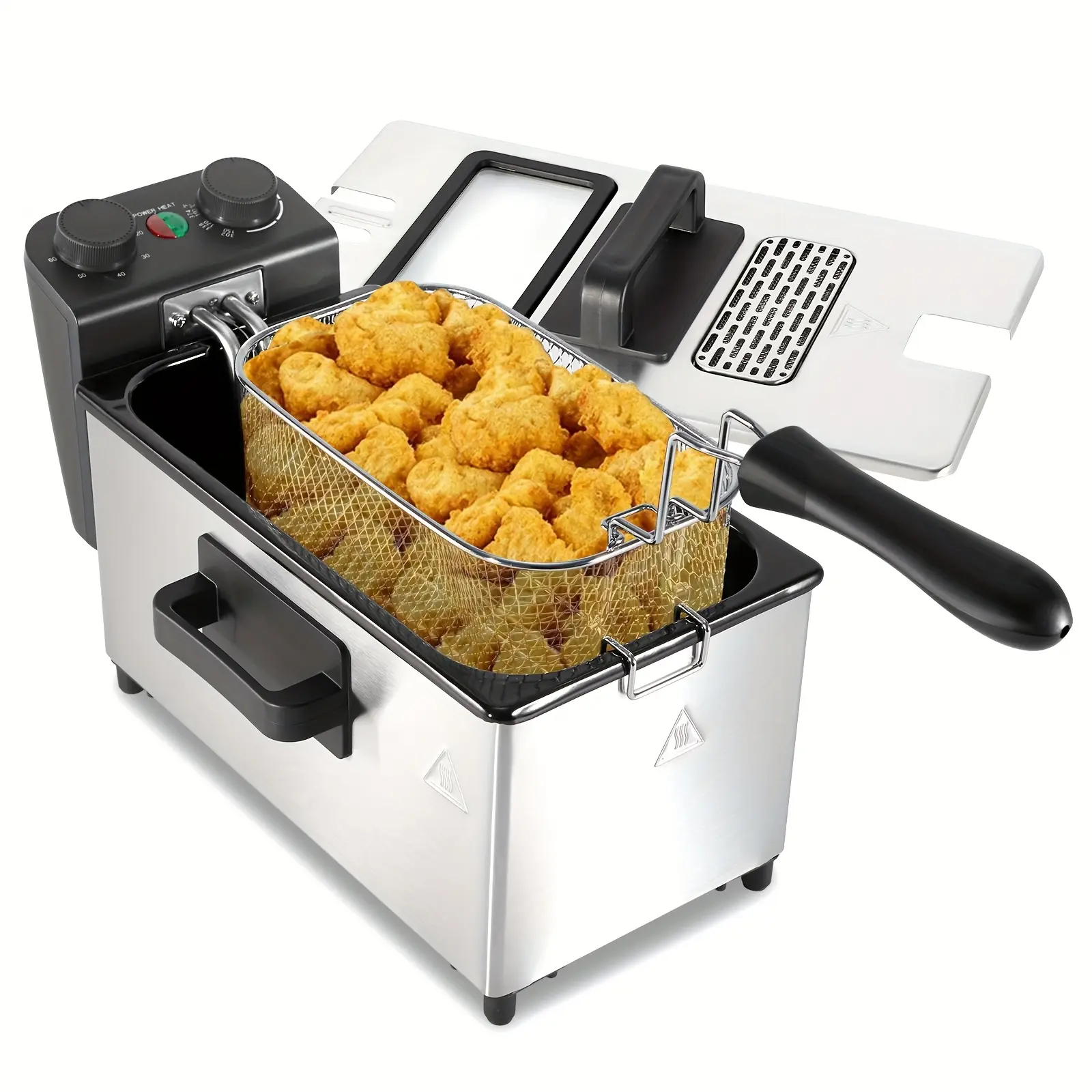 101.44 oz/1.32 Gallon Stainless Steel Electric Fryer, 1700W Household Deep Fryer with Adjustable Time & Temperature Control, Includes Frying Basket and Window Lid, Perfect for Chicken, Fries and More
