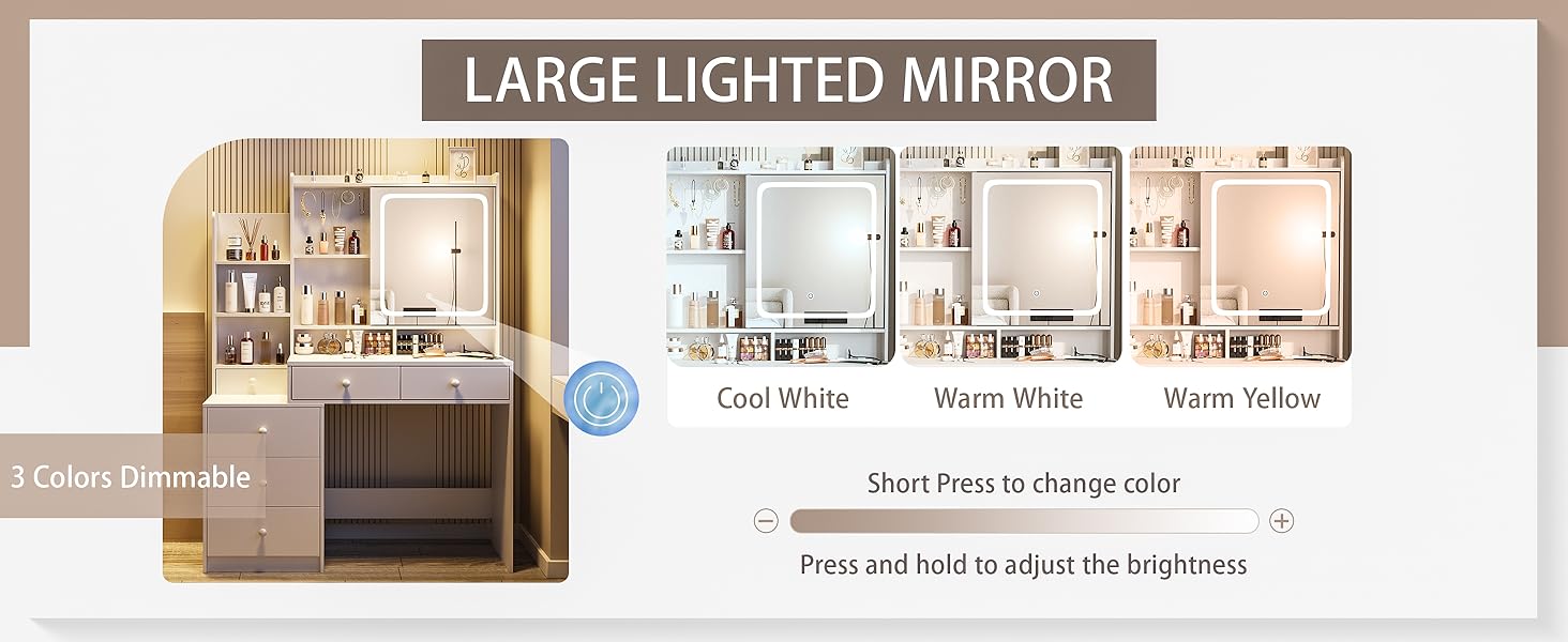 Vabches Vanity Makeup Mirror Desk, Makeup Vanity with 6 Drawers and Shelves,Vanity Table with Power Strip,Vanity Mirror 3 Lighting Color Adjustable