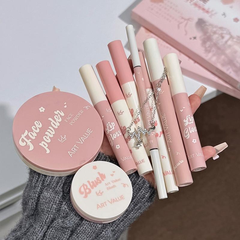 Pink Mist Soft Light Makeup Gift Box Lip Color Powder Blusher Powder Eyebrow Pencil Eyeliner Eye Black Makeup Set Women's Gifts