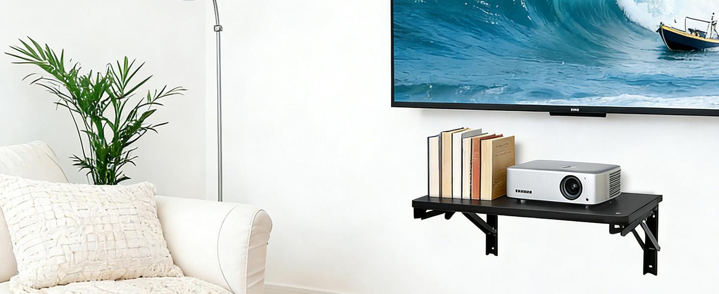 Folding Shelf Wall Mounted for Small Space, Wooden Wall Table for Living Room Bedroom Decor, Office Floating Fold Down Desk, Media Shelves with Heavy-Duty Brackets, 21.7Inches Black