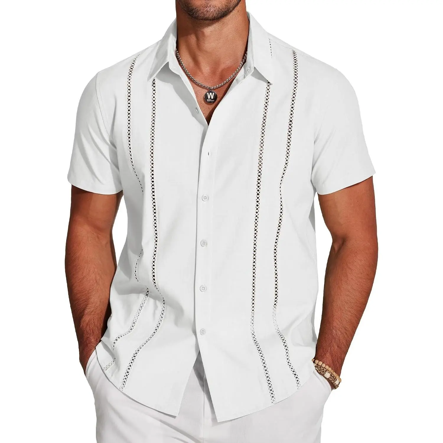 Men's Short Sleeve Cuban Guayabera Linen Button Down Shirt Casual Summer BeachGift