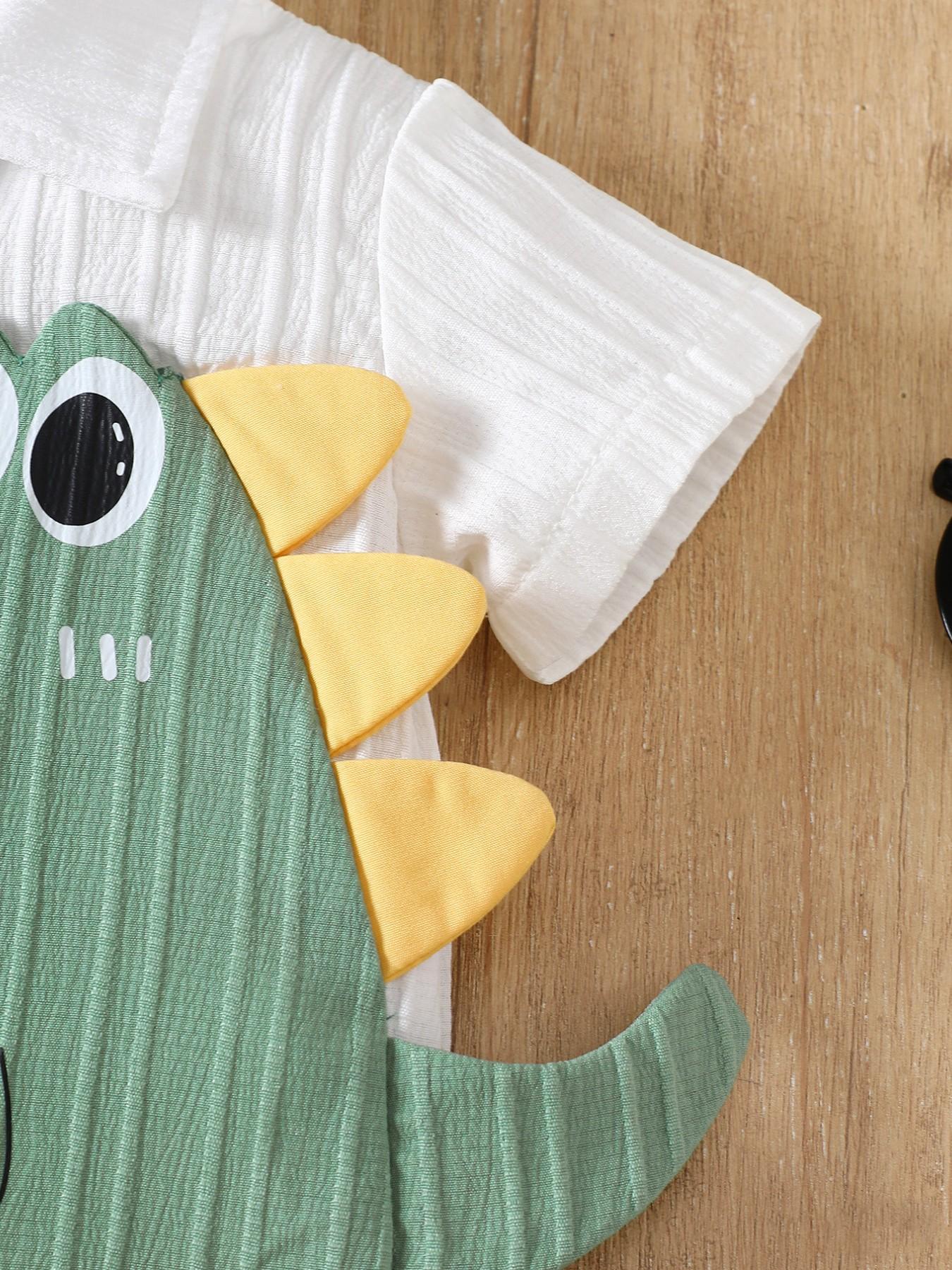 Baby Boys Three-Piece Set Dinosaur Short Sleeve Shirt + Shorts + Sun Hat, Cute Summer, Soft Breathable Fabric