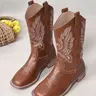 Women's Vintage Embroidered Western Cowgirl/Cowboy Boots, Western Footwear Boots, Fashionable Ethnic Style, Slip-On Square-Toe Mid-Calf Embellished Riding Boots