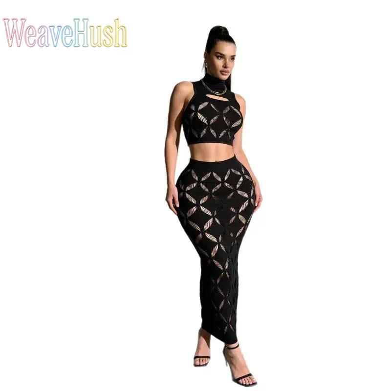 Women's 2026 Hollow Thick-Knit 2-Piece Clothes Set, Turtleneck Top & Wrap-Hem Mini Dress, Night-Out Wear for Club & Date Nights