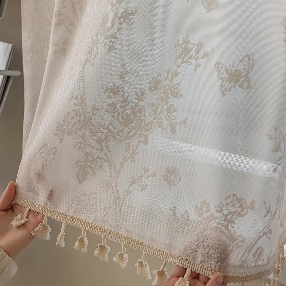 1pc Cream Hollow Mirror Sheer Curtain, Sun Protection Insulation UV Block, Universal for Living Room Bedroom Kids' Room, Rod Processing