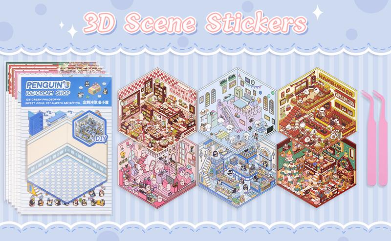 DIY 3D Sticker Scenes 6 Sets for Adults Kids, Make Your Own Mini Home/Store Scenes Stickers Animal Themes for Girls, Relieve Stress Pass The Time Craft Stickers for Journals Gifts Scrapbook Photo Album Scrapbooking
