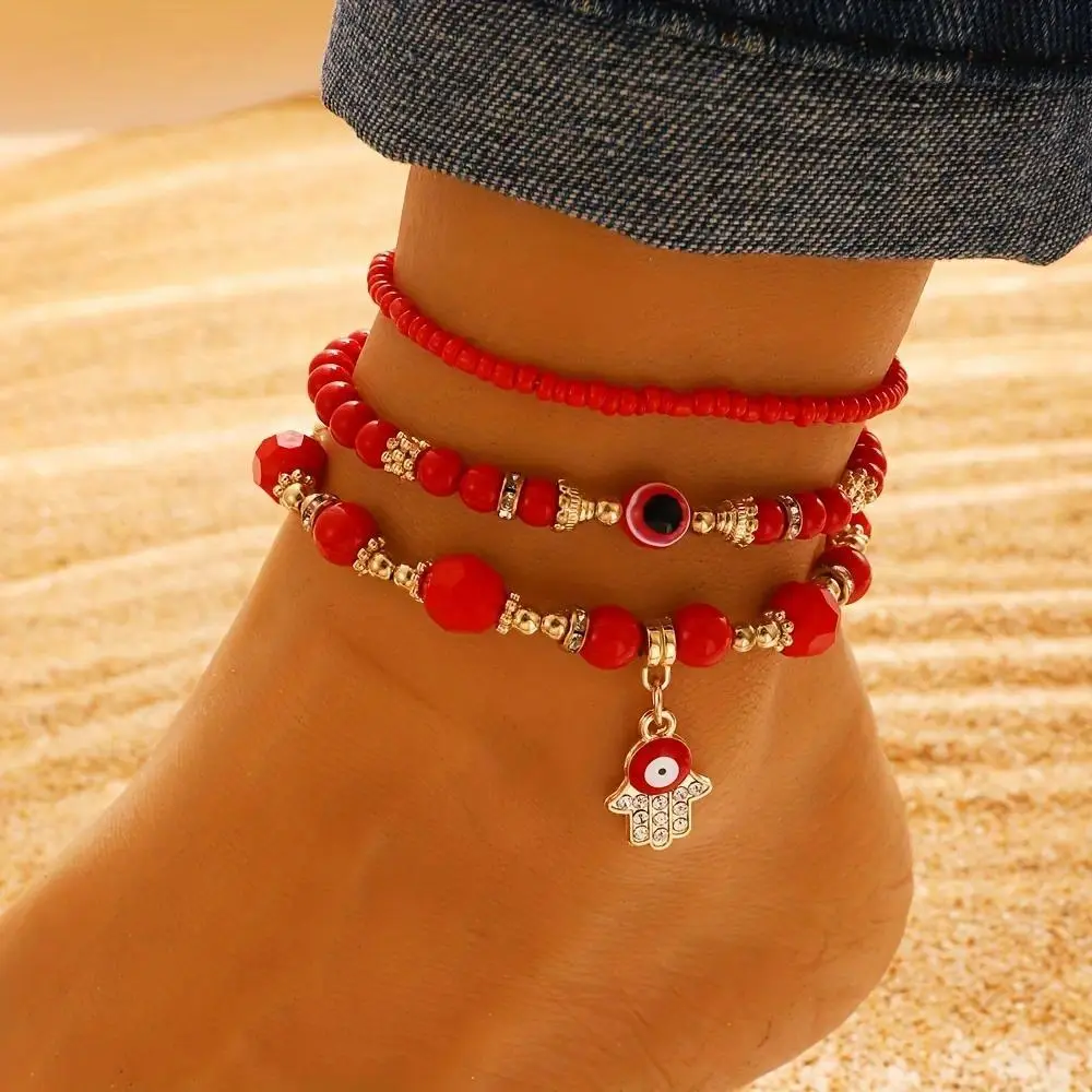 .3pcs Bohemian Beaded Anklet Set Hamsa Evil Eye Charm Red Elastic Ankle Chain Summer Beach Vacation Wear Spiritual Protection Jewelry Ethnic Boho Foot Accessory