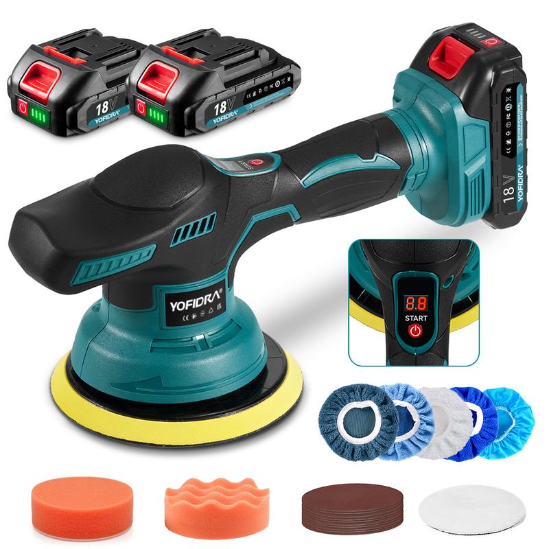 YOFIDRA 21V Cordless Car Polisher, 8-Speed Display Buffer Power Tool with 150mm Pad, 2.0Ah Battery, 5500RPM, for DIY Auto Detailing Black
