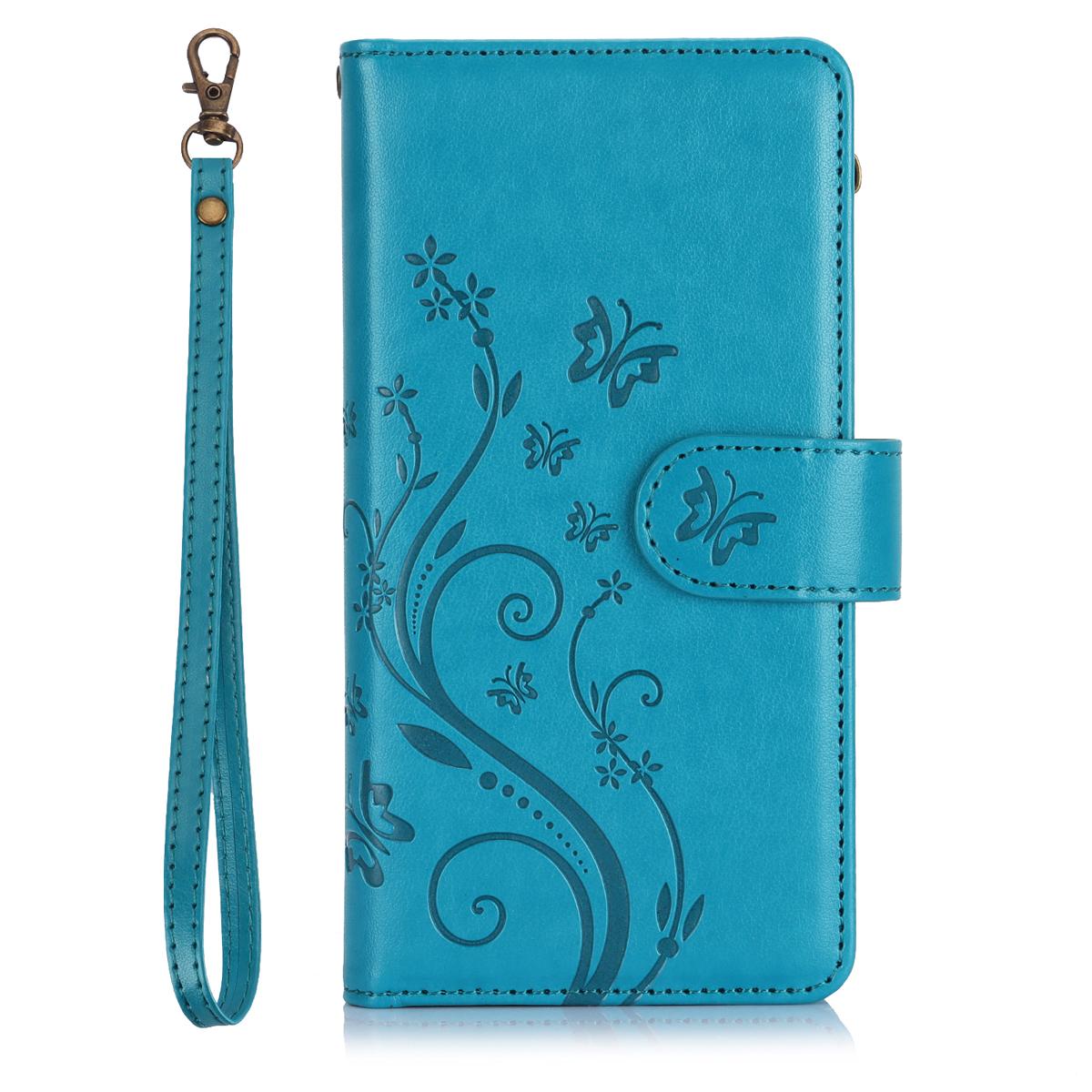 For Samsung Galaxy S25 Ultra S24 Plus S23 FE S22 S21 Lanyard Cute Floral Embossed Butterfly Wallet Phone Case with 6 Card Slots Zipper Pocket Wrist Strap Women Soft PU Leather Protective Flip Fold Stand Cover Magnetic Closure For Mom