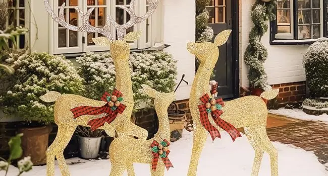 Product Introduction of FOOWIN 3D Large Lighted Christmas Deer Family Set, 3-Piece 4.8Ft Pre-Lit Reindeer Outdoor Christmas Decoration with 210 LED Lights, Red Bows,Stakes, for Yard Patio Lawn Garden Courtyard 10