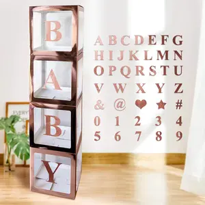 Baby Shower Decoration Boxes Kit, 4 pcs Rose Gold Transparent Balloon Boxes with 30 Letters 10 Numbers 5 Symbols, Baby Blocks for Baby Shower Gender Reveal Backdrop Birthday