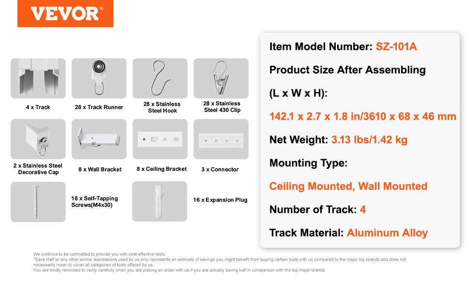 VEVOR Ceiling Curtain Track Set, 11.8 FT/3.6 Meter, Sliding Ceiling Track System for Curtains, Room Divider Curtain Track Ceiling/Wall Mountedfor Living Room Bedroom with Hooks and Hardware, White