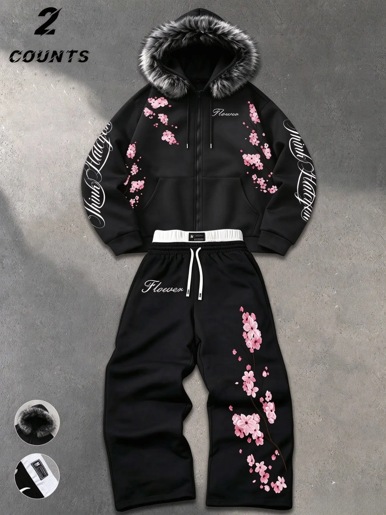Two-Piece Casual Set, Dark Retro Street Style, Detachable Fur Hooded Cardigan, Side Cherry Blossom Print, Loose Fit, Suitable for Men Daily Commute