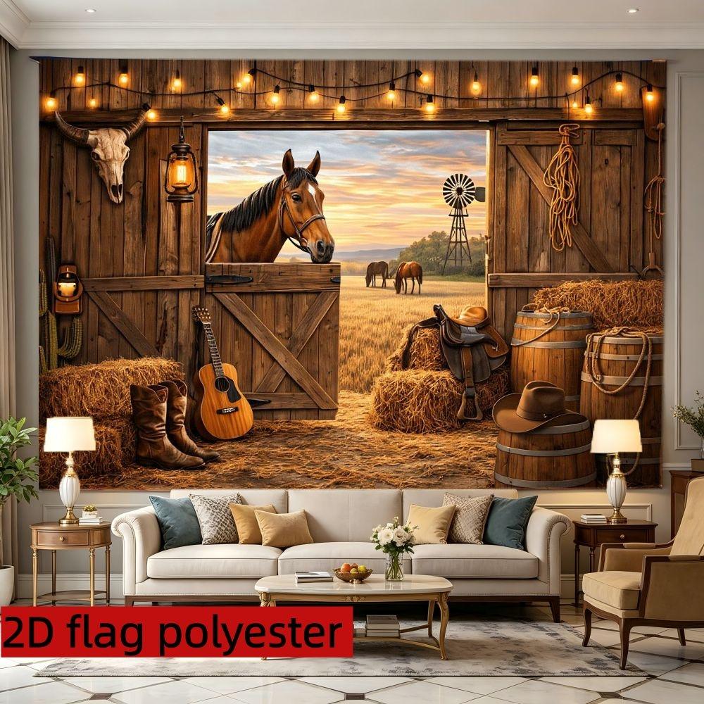 2D 1pc Western cowboy barn wall backdrop fabric, Decor, retro ranch, wooden barn door, sunset grassland, horse, cowboy boots, guitar and string light elements, suitable for western theme parties, multiple sizes available