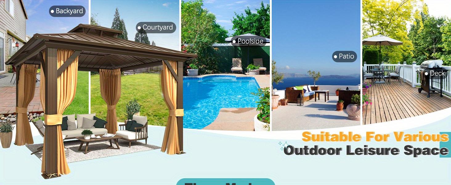 10' x 10' Hardtop Gazebo, Galvanized Steel Double Roof Gazebo with Aluminum Frame, Permanent Outdoor Metal Pavilion with Curtain and Netting for Patio, Lawn and Garden