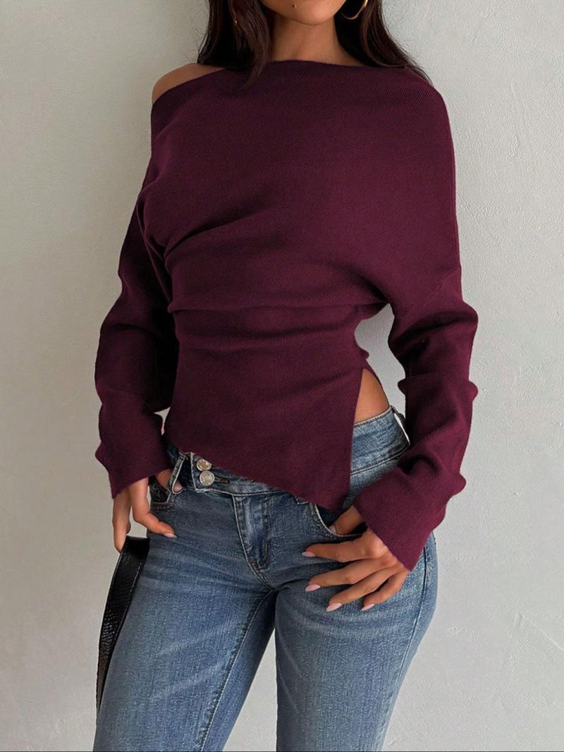 Women's Casual Fashion Asymmetrical Neckline Long-Sleeve Sweater, Slim-Fit Thin Knit Top for Fall, Plain Design Knitwear