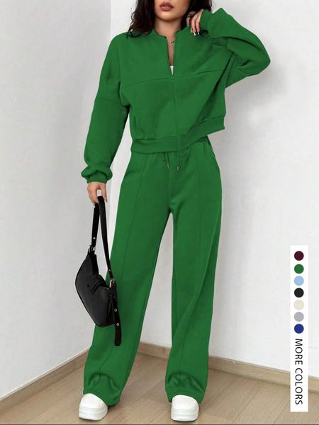 Modest Two-Piece Women's Solid Color Zip Jacket and Drawstring Pocket Pants, Comfortable Breathable Casual for All Seasons,Airport Outfit