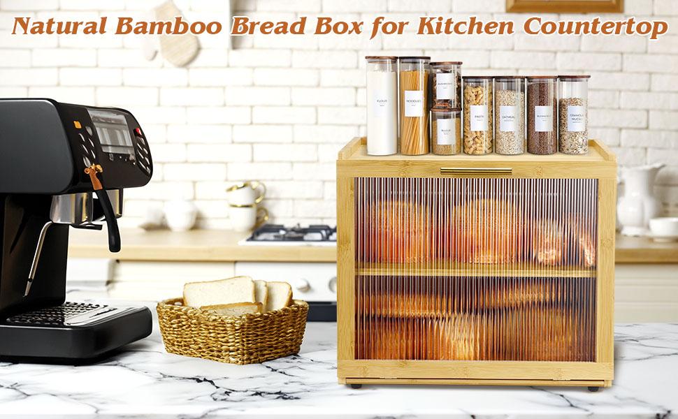 Double Layer Bamboo Bread Box for Kitchen Countertop, Bread Storage Container, Bread Box with Window, Large Capacity