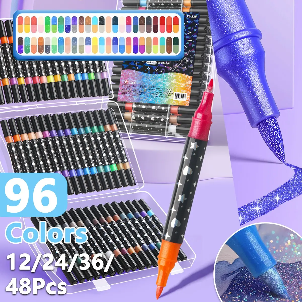 24/48/72/96 Color Double-Ended Glitter Marker Pen Set Two-Color Glitter Watercolor Pens & Highlighters Rich Colors Soft Tips DIY Crafts