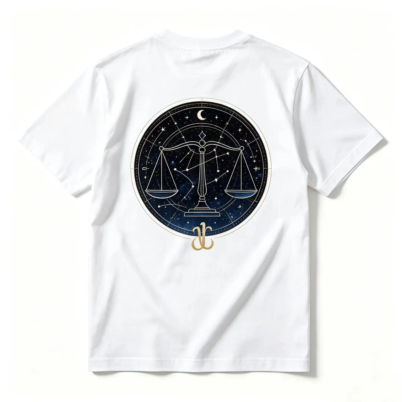 Libra Scales Galaxy Night Sky Large Back Print Oversized White Cotton T Shirt, Minimal Horoscope Zodiac Back Graphic Tee, Libra Birthday Astrology Gift