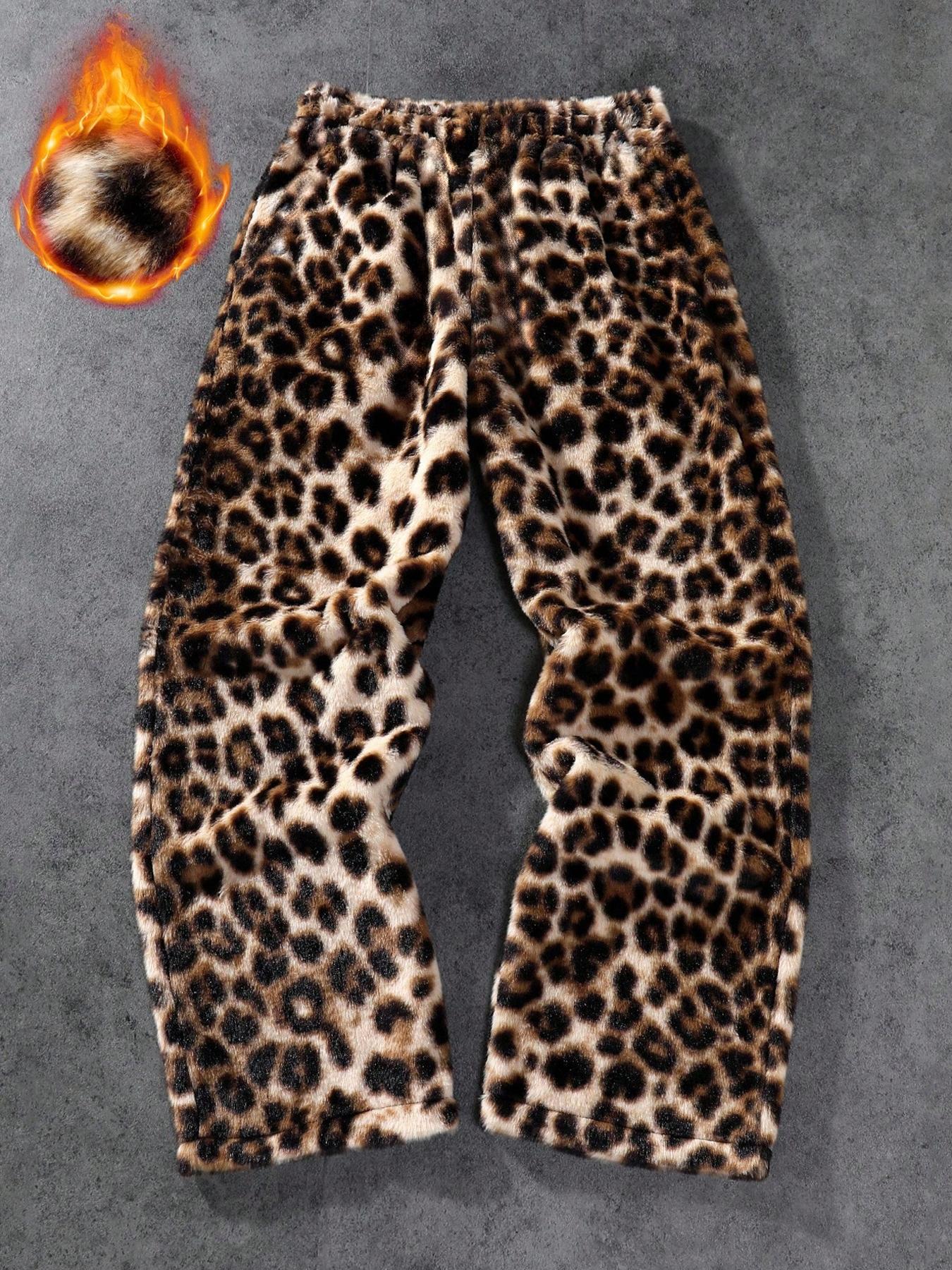 Unisex Leopard Print Fleece Pants, Soft Rabbit Fur Fabric, Fall Winter Warm Comfort, Street Hip Hop Style, Daily & Outdoor Wear, Streetwear