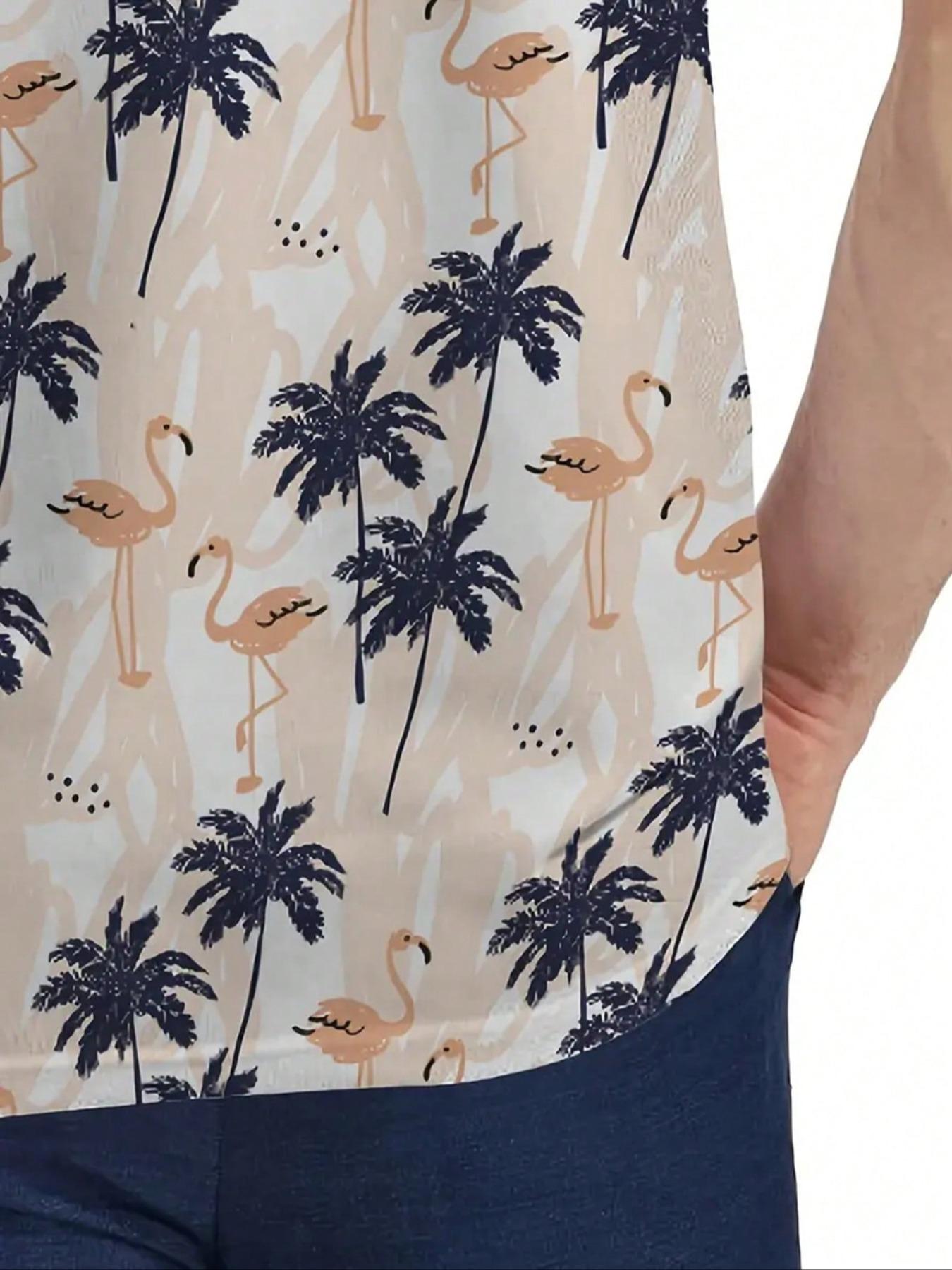 Men's Tropical Palm Tree Print Shirt, Short Sleeve Button Front Casual Summer Golf & Beach Wear, Base Blue Accents, Casual Outdoor Shirt