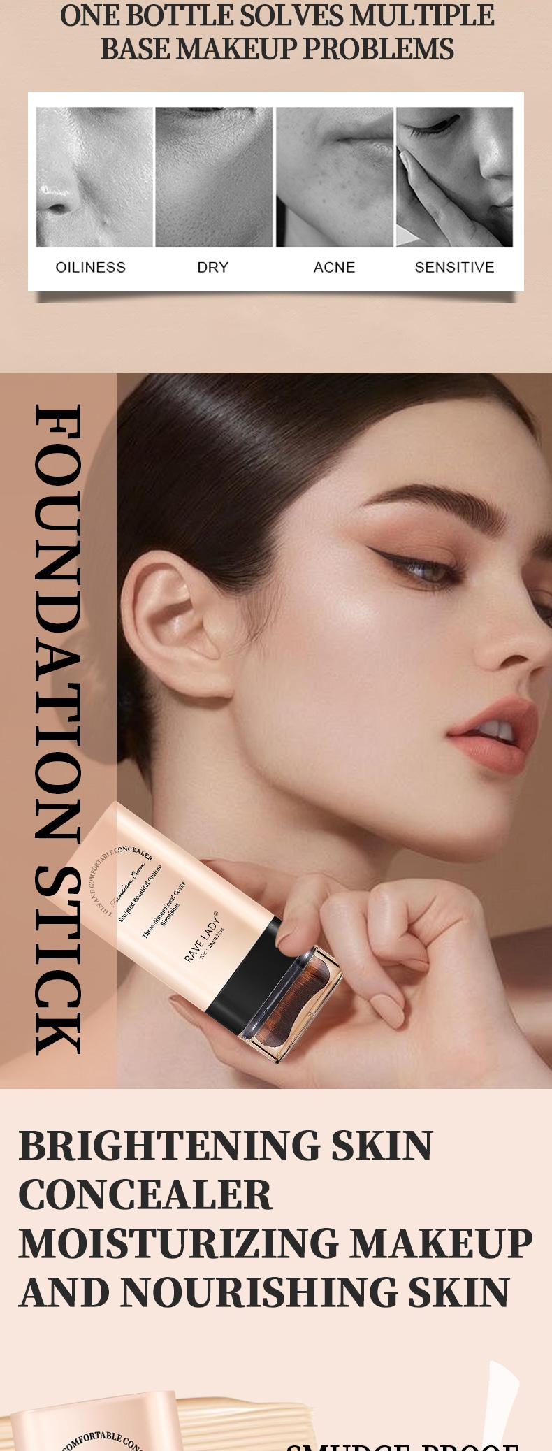 TikTokshopHolidayHaul & Wool Cotton Head Concealer Foundation Stick - Moisturizing Brightening Non-Sticky Waterproof Sun-Protective Long-Lasting with Built-In Brush Coverage Makeup for Sensitive - Lightweight Christmas gift  Smooth