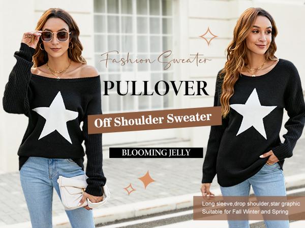 Blooming Jelly Off The Shoulder Knitted Sweaters Women's Cute Fall Tunic Tops Pullover Sweater