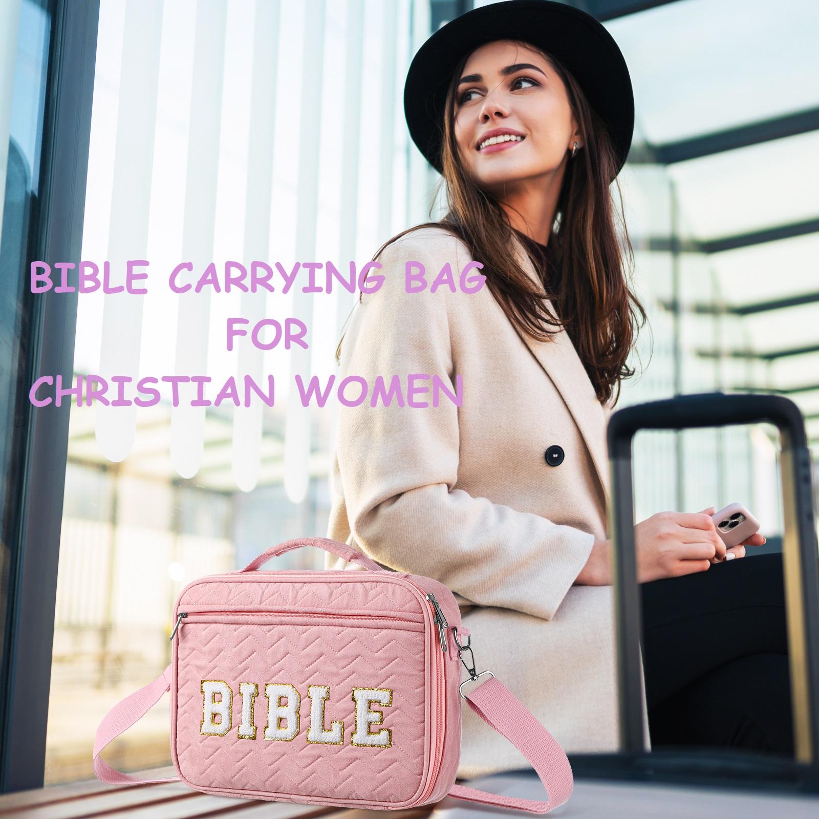Easter Pink Bible Bag for Women Christian Gifts Church Bag with Chenille Letter and Shoulder Strap Soft Fabrics Bible Case Bible Book Cover with Highlighters Gel Pen Bible Journaling Kit for Christans Girls, Sunday Prayer Supplies