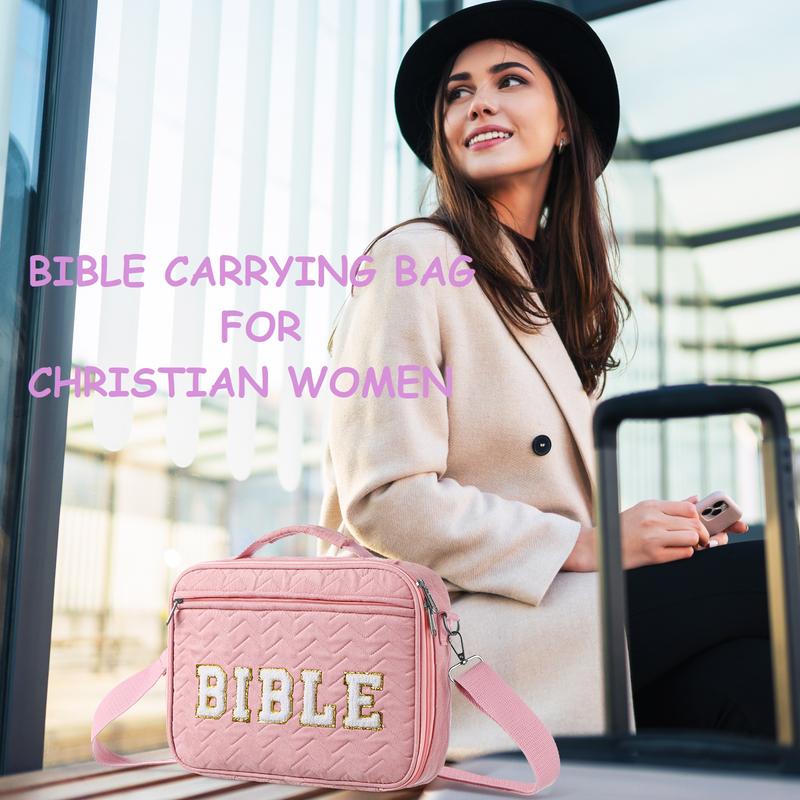 Valentine's Day Gift Pink Bible Bag for Women Church Bag with Chenille Letter and Shoulder Strap Soft Fabrics Bible Case Bible Book Cover with Highlighters Gel Pen Bible Journaling Kit for Christans Girls, Sunday Prayer Supplies
