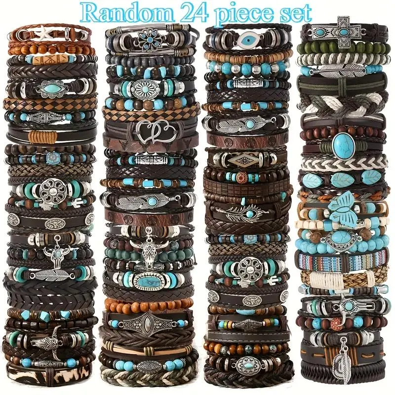 Beaded Bracelet Stack, Vintage Western Multi-Layer Set with Faux Turquoise and Feather Charms, Woven PU Leather and Wooden Beads for Women, Bracelet Sets