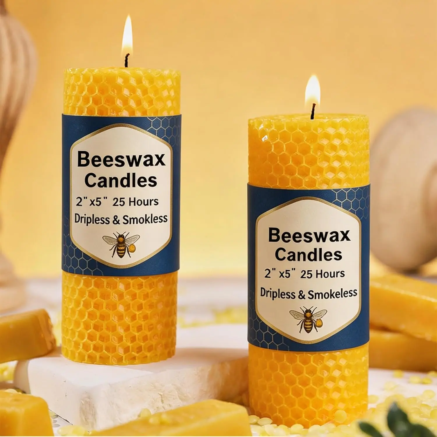 Beeswax Pillar Candles 2 Pack,2x5 Inch Bees Wax Candle | non   dripless beeswax candle, beautiful colors 40 hours long   decorative candles