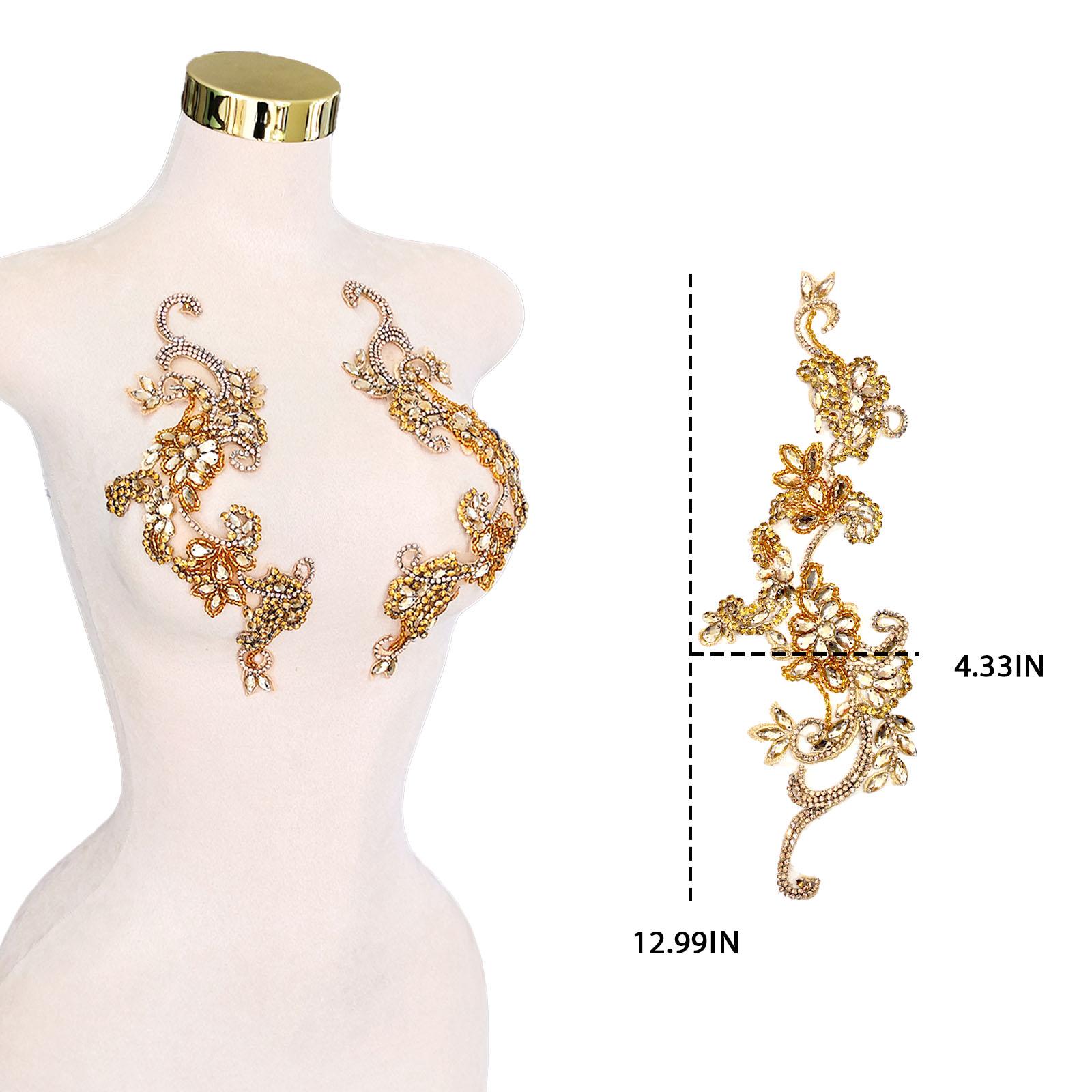 Handmade Pink Crystal Beaded Applique Floral Rhinestone Patch Pair for Dress Decoration Bridal Gowns DIY Embellishment
