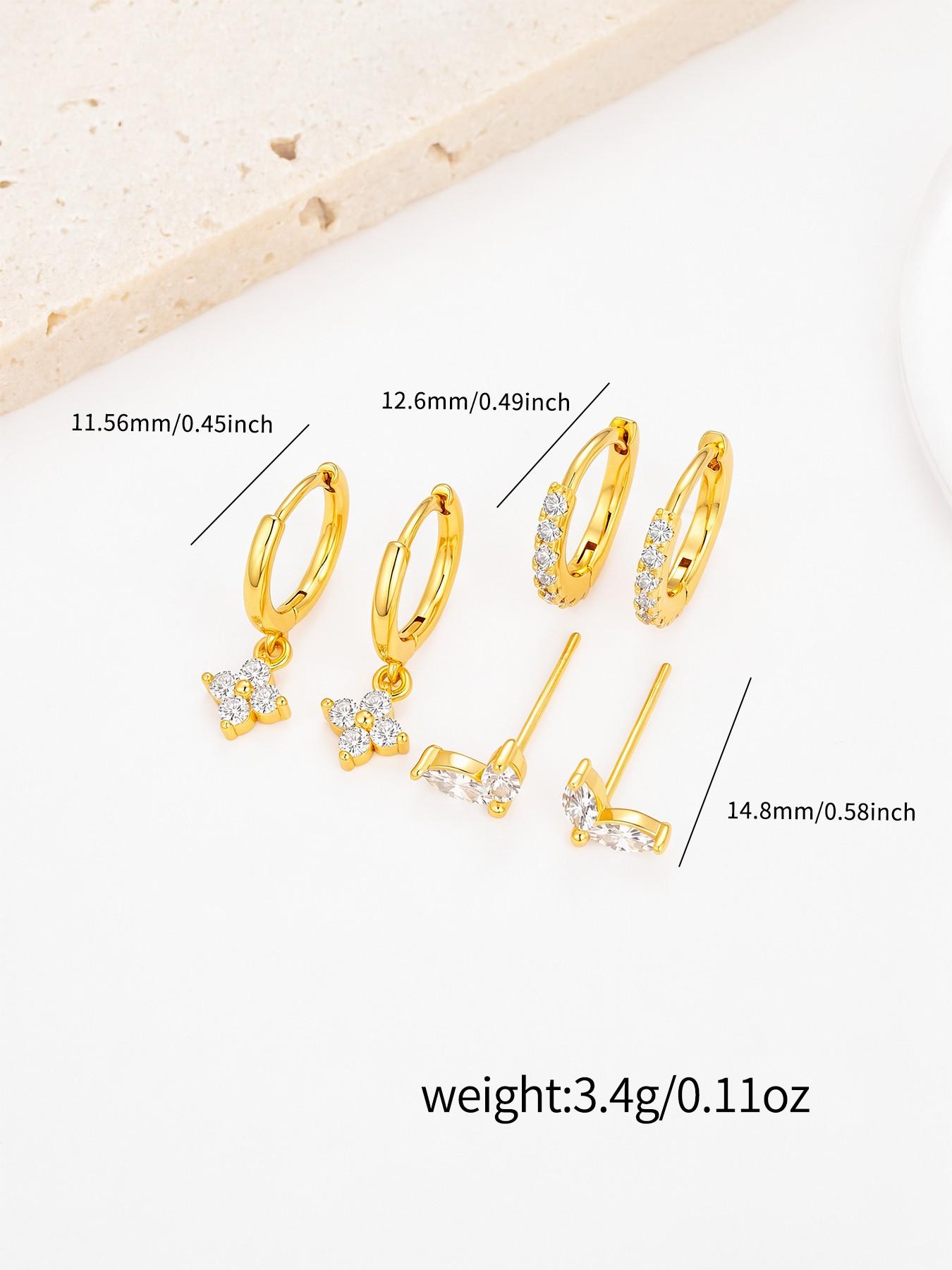 3-Piece Stackable Earrings Set, Floral Dangle Ear Cuffs + Rhinestone Studs + V-Shaped Hoops, Allergy-Free, Trendy for Office & Dates