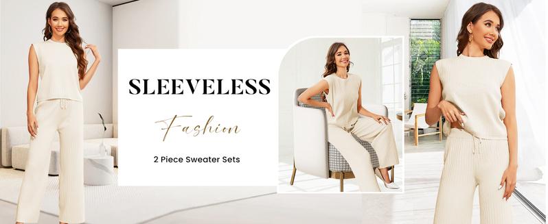 Ommig Women's 2 Piece Outfits Sweater Sets Knit Sleeveless Pullover Tops High Waist Pants Lounge Sets Tracksuits