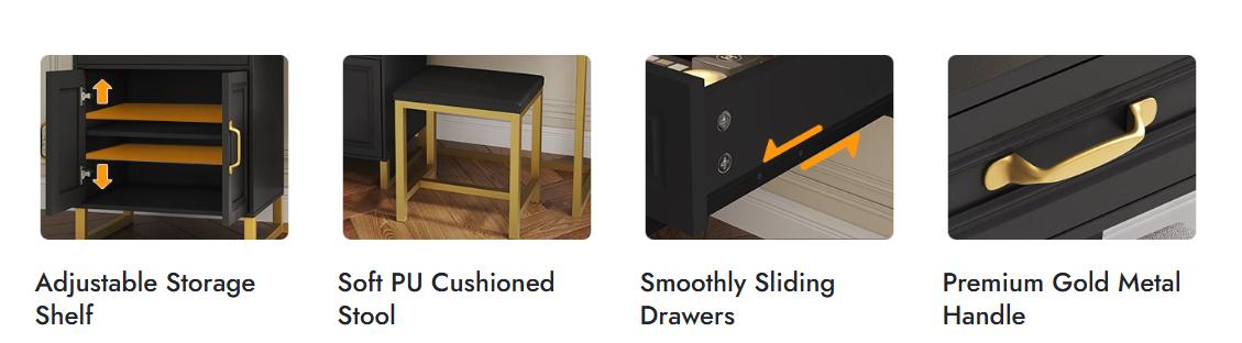 Sikaic Glass Top Makeup Vanity Set with Bench Lighted Mirror Charging Station Furniture Cosmetic Storage Drawer Modern Organization Aesthetic Design Minimal