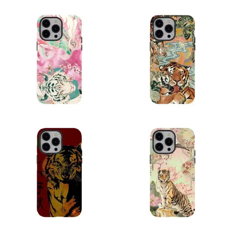 Custom Aesthetic Tiger Print Oriental Ink & Floral Polycarbonate Cellphone Case - Slim Fit, Shock-Absorbent Protective Cover for iPhone 11/12/13/14/15/16/17 Pro-ProMax-Plus-Air, Unisex Flat Print Mobile Phone Accessory, Accessories