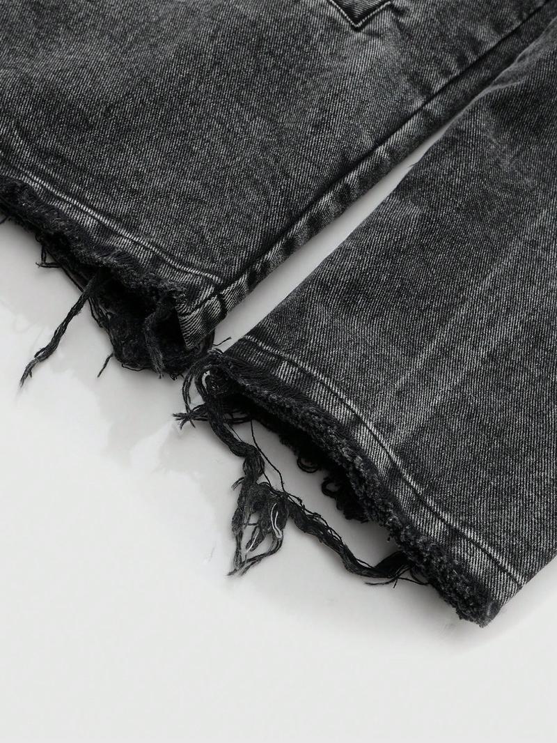 Dark Denim Jacket with Diamonds and 'la' Logo, Vintage Corduroy Collar and Frayed Design, Stylish Zippered Fit for Casual Outings