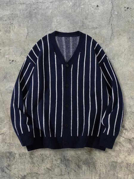 Men's Vintage Striped Jacquard Cardigan, Long Sleeve V Neck Button Front Sweater, Casual Loose Fit Knitwear for Spring Fall Winter